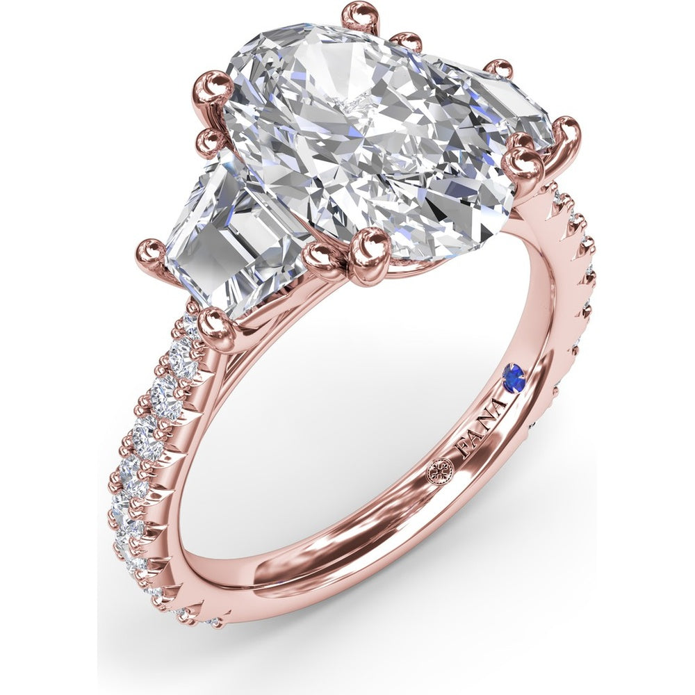 Bold Three Stone Engagement Ring Setting with Oval Center and Trapezoid Side Stones by Fana - 1.39 Carat Total Diamond Weight