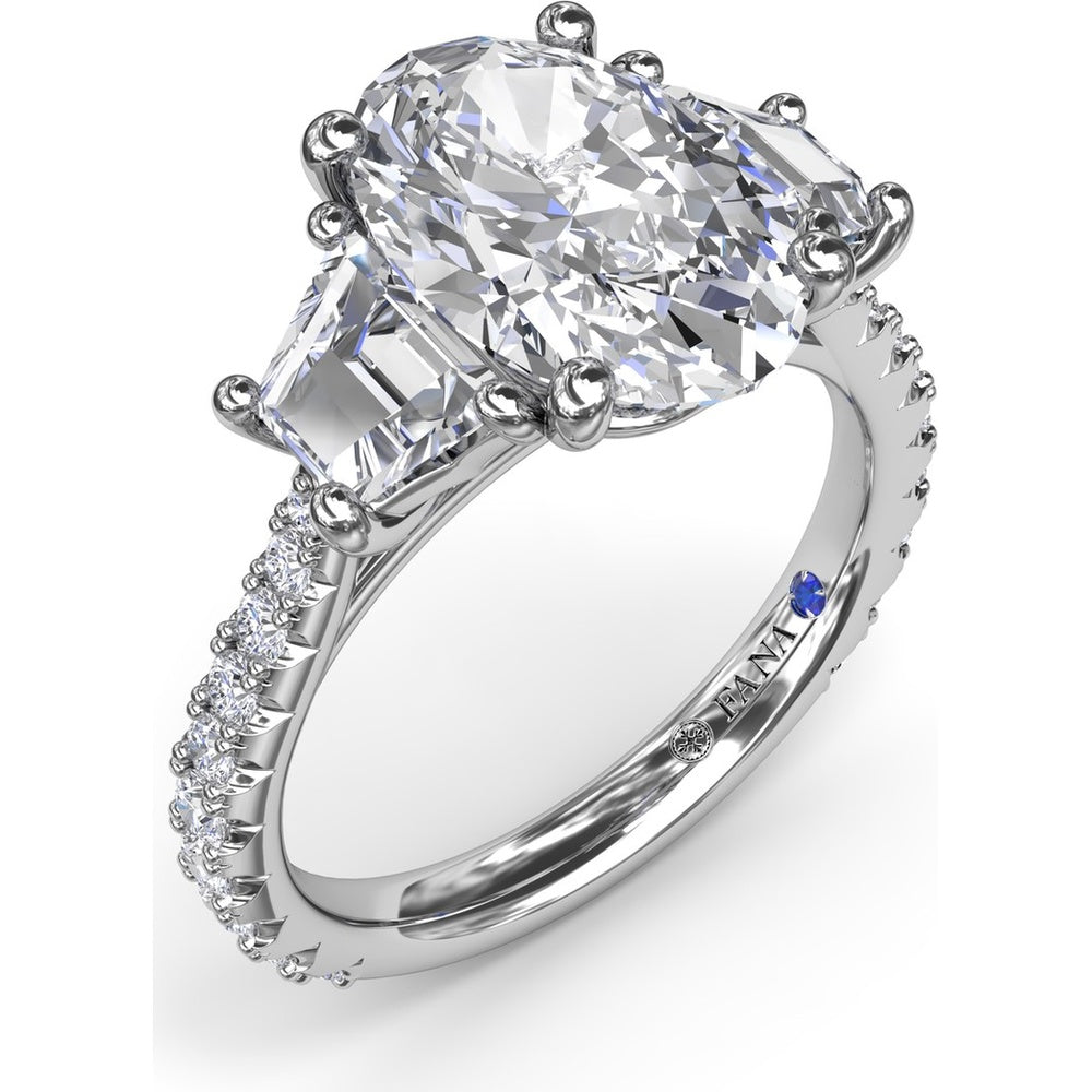 Bold Three Stone Engagement Ring Setting with Oval Center and Trapezoid Side Stones by Fana - 1.39 Carat Total Diamond Weight