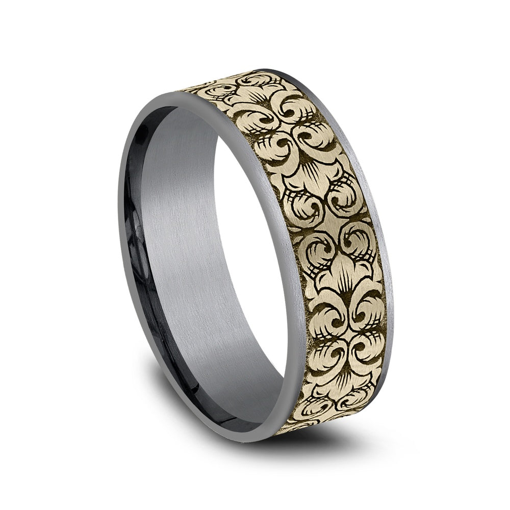 Border Script Men's Wedding Band in Grey Tantalum and 14K Yellow Gold - 7.5mm Width by Ammara Stone
