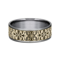 Border Script Men's Wedding Band in Grey Tantalum and 14K Yellow Gold - 7.5mm Width by Ammara Stone
