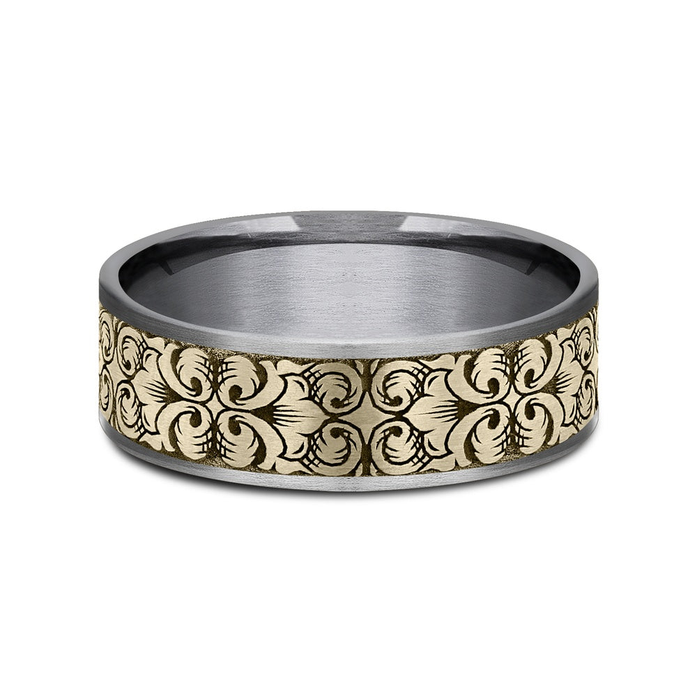 Border Script Men's Wedding Band in Grey Tantalum and 14K Yellow Gold - 7.5mm Width by Ammara Stone