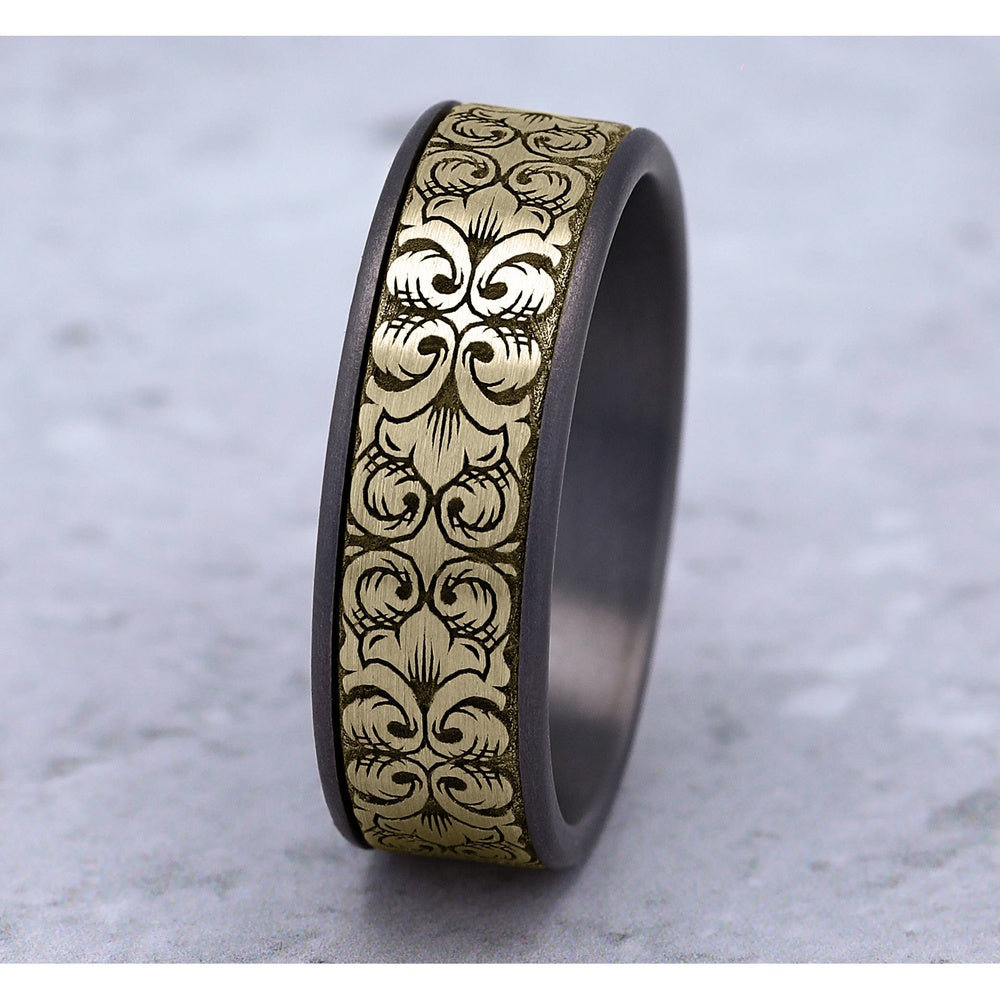Border Script Men's Wedding Band in Grey Tantalum and 14K Yellow Gold - 7.5mm Width by Ammara Stone
