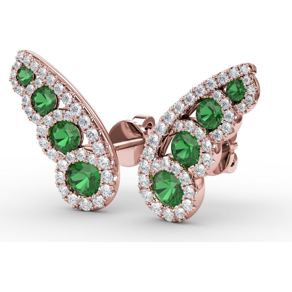 Butterfly Wing Stud Earrings with Pavé Diamonds and Round Emeralds by Fana - 0.93 Carat Total Gemstone Weight