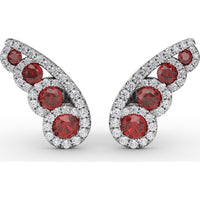 Butterfly Wing Stud Earrings with Round Rubies and Pavé Diamond Halos by Fana - 1.05 Carat Total Gemstone Weight