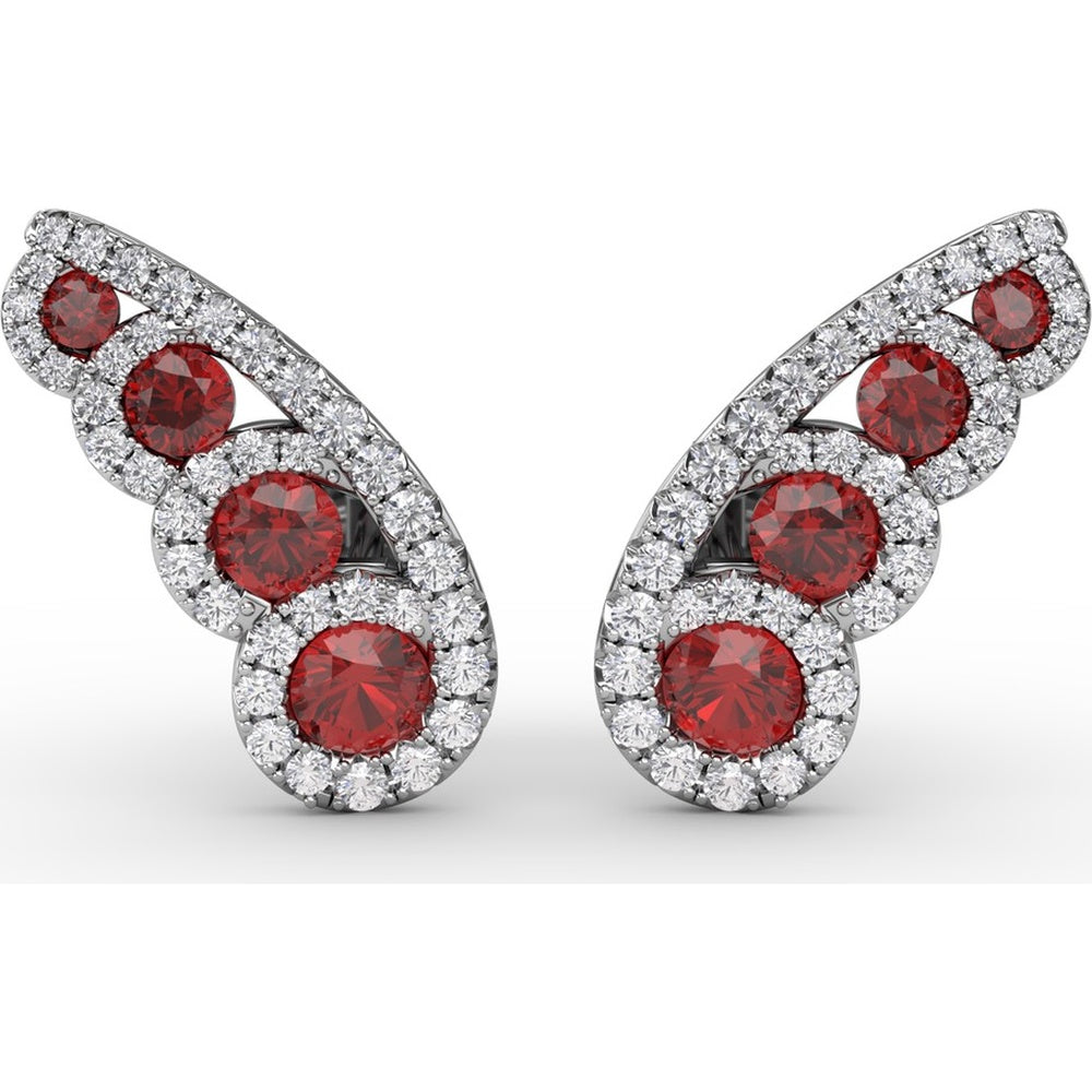 Butterfly Wing Stud Earrings with Round Rubies and Pavé Diamond Halos by Fana - 1.05 Carat Total Gemstone Weight