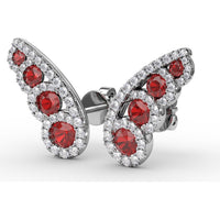 Butterfly Wing Stud Earrings with Round Rubies and Pavé Diamond Halos by Fana - 1.05 Carat Total Gemstone Weight