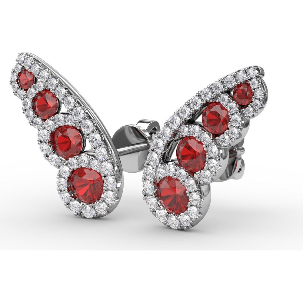 Butterfly Wing Stud Earrings with Round Rubies and Pavé Diamond Halos by Fana - 1.05 Carat Total Gemstone Weight