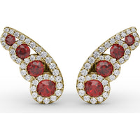 Butterfly Wing Stud Earrings with Round Rubies and Pavé Diamond Halos by Fana - 1.05 Carat Total Gemstone Weight
