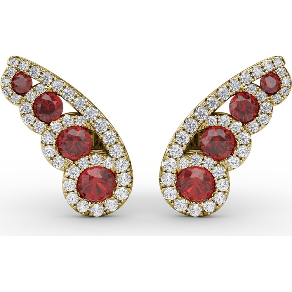 Butterfly Wing Stud Earrings with Round Rubies and Pavé Diamond Halos by Fana - 1.05 Carat Total Gemstone Weight