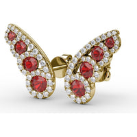 Butterfly Wing Stud Earrings with Round Rubies and Pavé Diamond Halos by Fana - 1.05 Carat Total Gemstone Weight