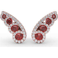 Butterfly Wing Stud Earrings with Round Rubies and Pavé Diamond Halos by Fana - 1.05 Carat Total Gemstone Weight