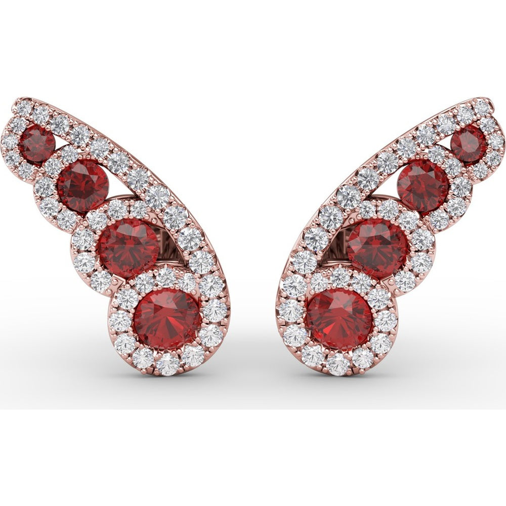Butterfly Wing Stud Earrings with Round Rubies and Pavé Diamond Halos by Fana - 1.05 Carat Total Gemstone Weight