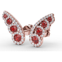 Butterfly Wing Stud Earrings with Round Rubies and Pavé Diamond Halos by Fana - 1.05 Carat Total Gemstone Weight