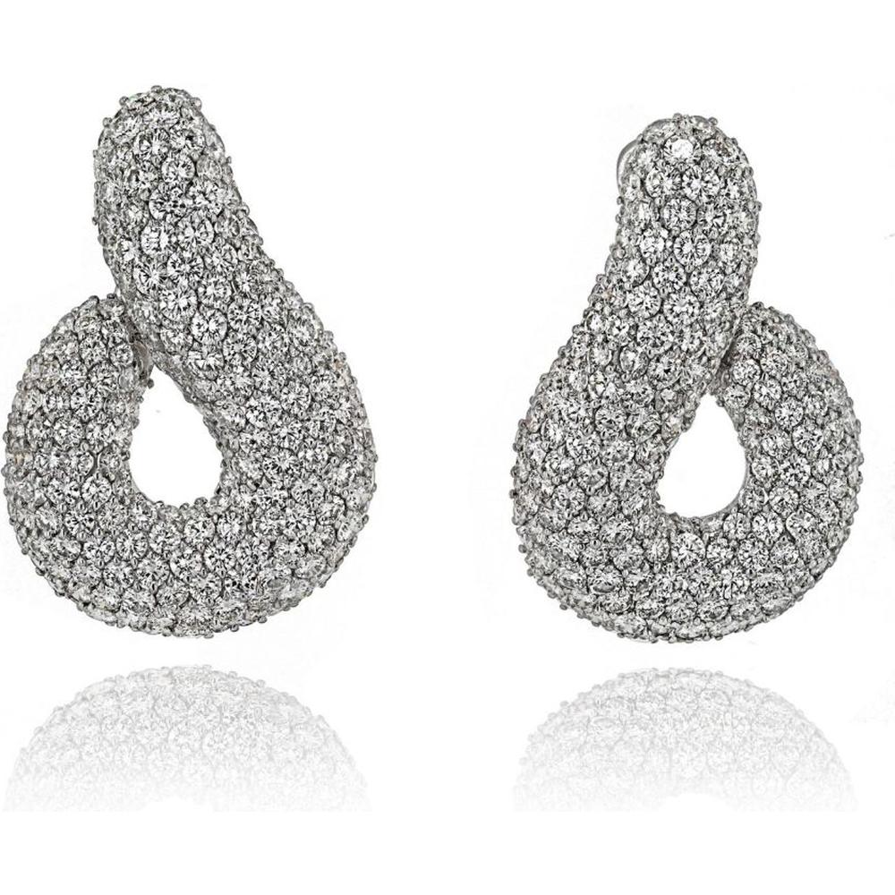 Bvlgari 18K White Gold Pave Round Cut Diamond Twist Earrings - 45 Carats Total Diamond Weight