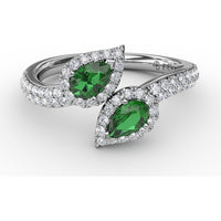 Bypass Toi et Moi Ring with Pear Emeralds and Pavé Diamond Halos by Fana - 0.85 Carat Total Gemstone Weight