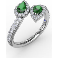 Bypass Toi et Moi Ring with Pear Emeralds and Pavé Diamond Halos by Fana - 0.85 Carat Total Gemstone Weight