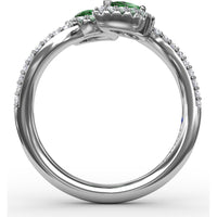 Bypass Toi et Moi Ring with Pear Emeralds and Pavé Diamond Halos by Fana - 0.85 Carat Total Gemstone Weight