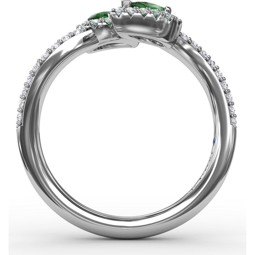 Bypass Toi et Moi Ring with Pear Emeralds and Pavé Diamond Halos by Fana - 0.85 Carat Total Gemstone Weight