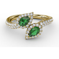 Bypass Toi et Moi Ring with Pear Emeralds and Pavé Diamond Halos by Fana - 0.85 Carat Total Gemstone Weight