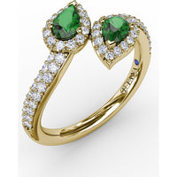 Bypass Toi et Moi Ring with Pear Emeralds and Pavé Diamond Halos by Fana - 0.85 Carat Total Gemstone Weight