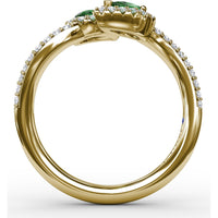 Bypass Toi et Moi Ring with Pear Emeralds and Pavé Diamond Halos by Fana - 0.85 Carat Total Gemstone Weight