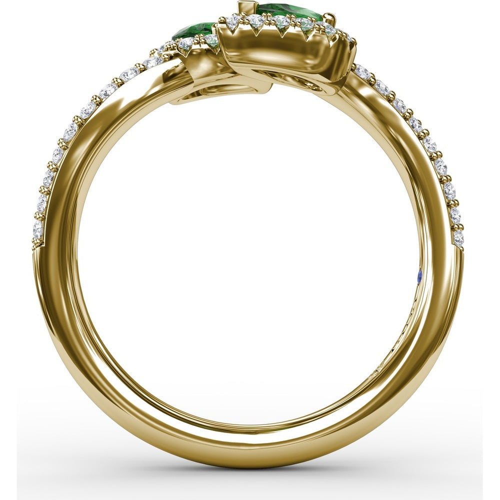 Bypass Toi et Moi Ring with Pear Emeralds and Pavé Diamond Halos by Fana - 0.85 Carat Total Gemstone Weight