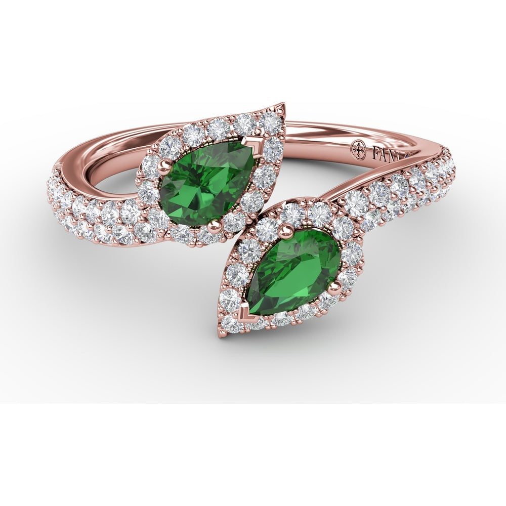 Bypass Toi et Moi Ring with Pear Emeralds and Pavé Diamond Halos by Fana - 0.85 Carat Total Gemstone Weight