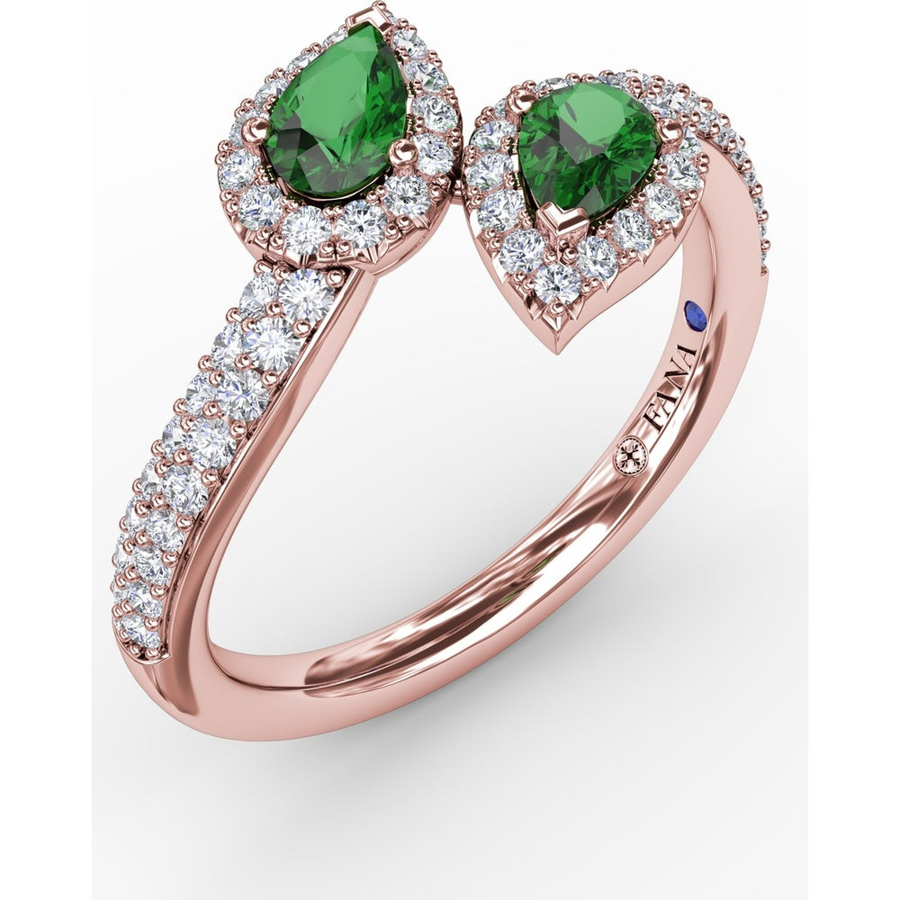 Bypass Toi et Moi Ring with Pear Emeralds and Pavé Diamond Halos by Fana - 0.85 Carat Total Gemstone Weight