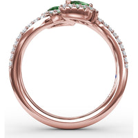 Bypass Toi et Moi Ring with Pear Emeralds and Pavé Diamond Halos by Fana - 0.85 Carat Total Gemstone Weight