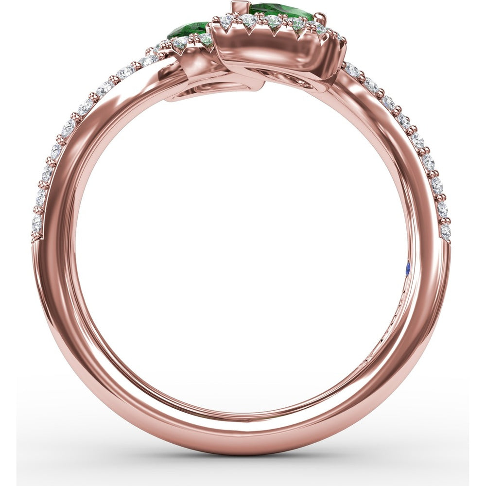 Bypass Toi et Moi Ring with Pear Emeralds and Pavé Diamond Halos by Fana - 0.85 Carat Total Gemstone Weight