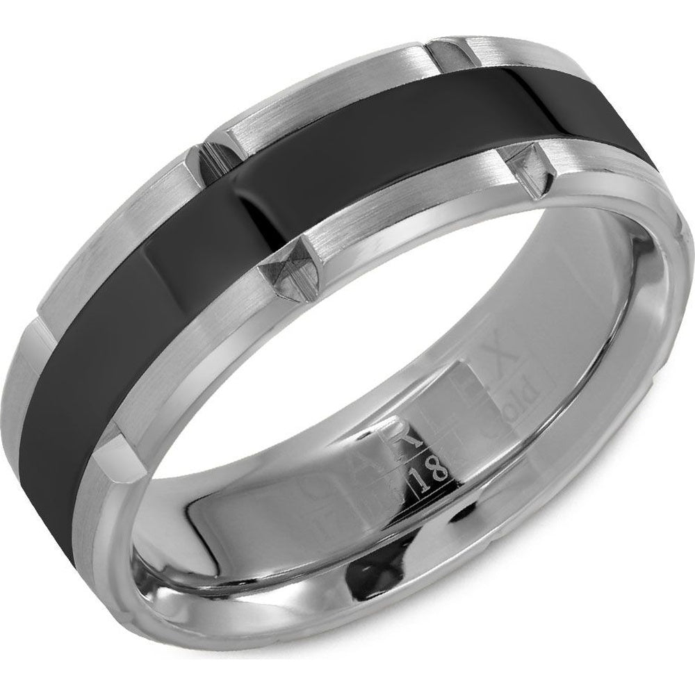 Carlex Men's Wedding Band - 18K White Gold and Black Cobalt with Brushed Finish and Notched Details - 7.5mm Width from the Sport Collection