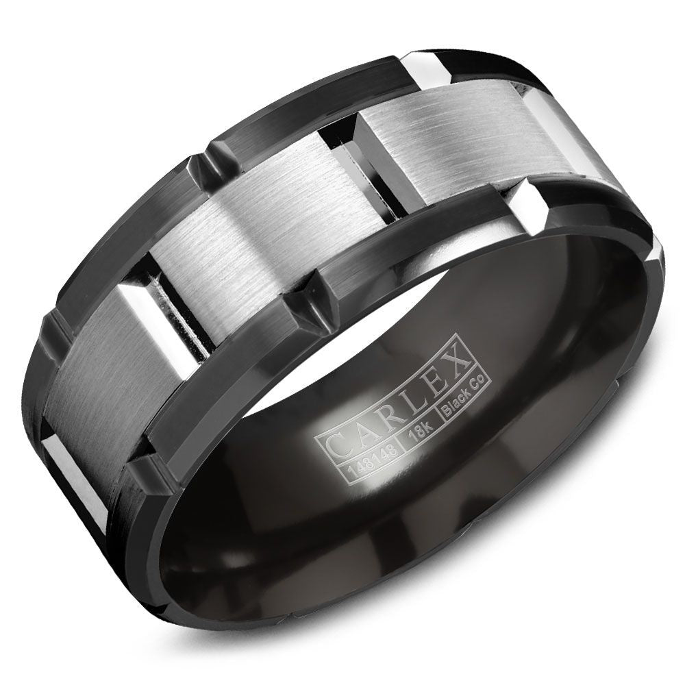 Carlex Men's Wedding Band - 18K White Gold and Black Cobalt with Sandpaper Finish and High Polish Bevel - 9mm Width from the Sport Collection