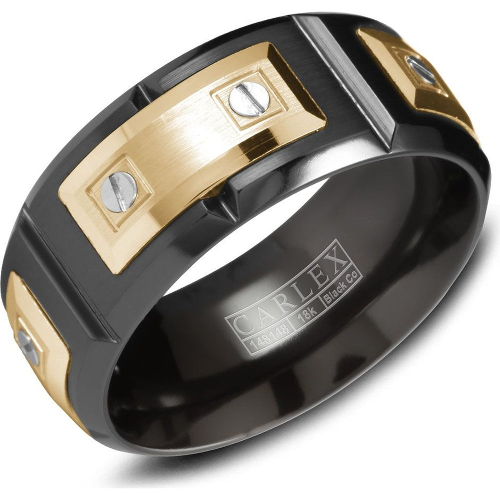 Carlex Men's Wedding Band - 18K Yellow Gold and Black Cobalt with Screw-Set Sections and Sandpaper Finish - 9.5mm Width from the Sport Collection