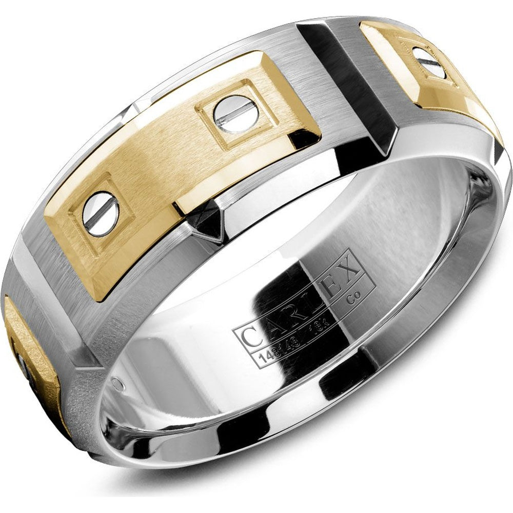 Carlex Men's Wedding Band - 18K Yellow Gold and Cobalt with Sandpaper Finish and High Polish Bevel - 8mm Width from the Sport Collection