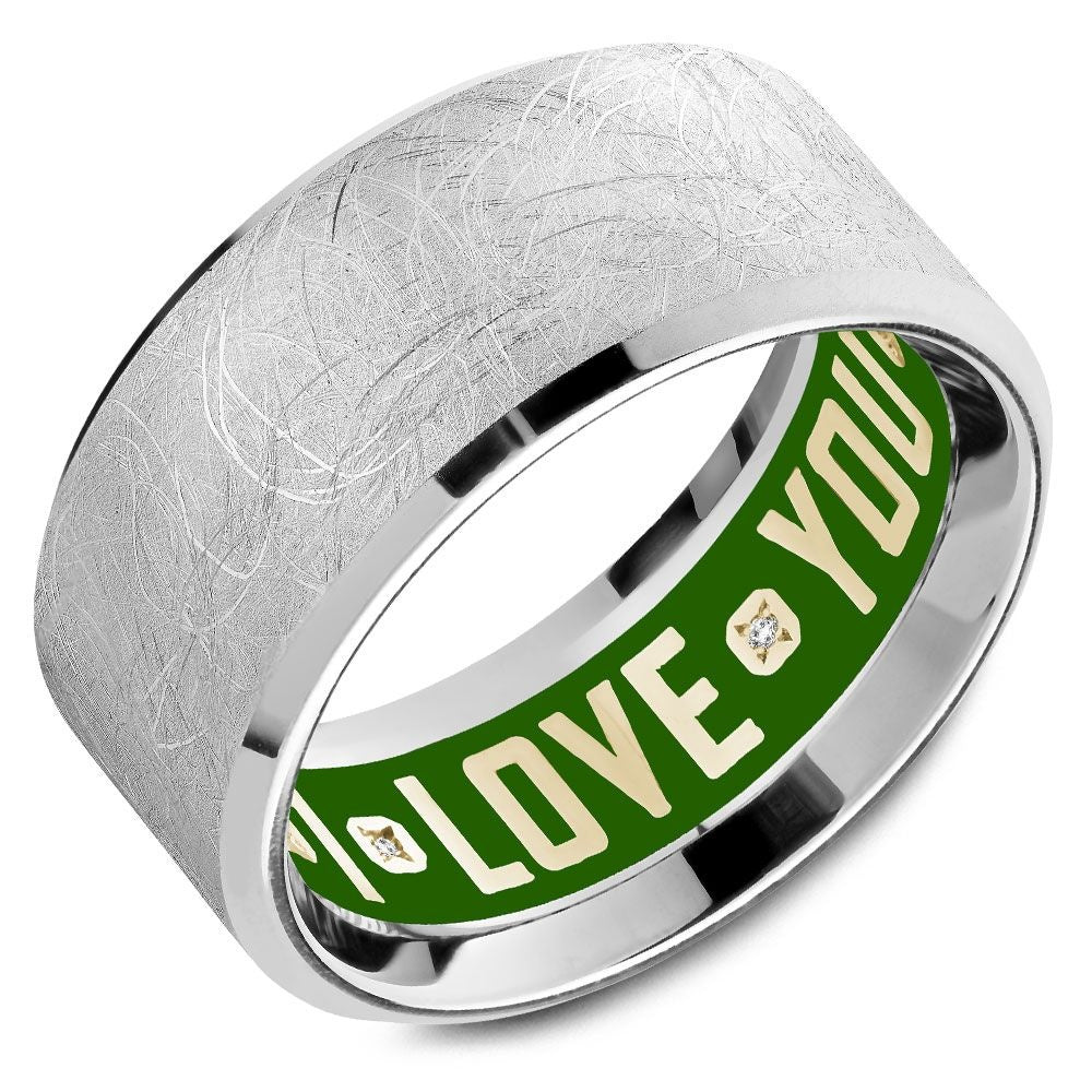 Carlex Men's Wedding Band - 18K White Gold with Diamond Brushed Top, Green Enamel "LOVE YOU" Interior, and High Polish Edges - 10.5mm Width from the G4 Collection