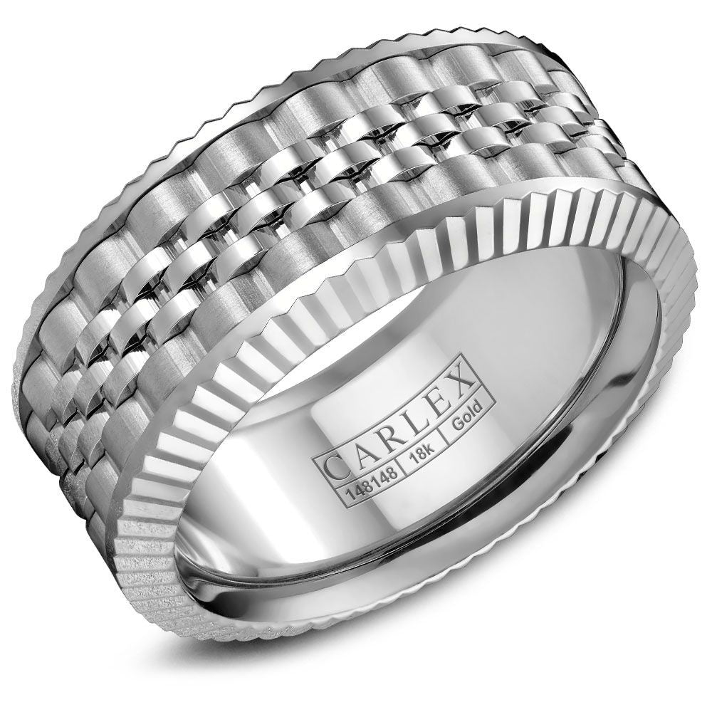 Carlex Men's Wedding Band - 18K White Gold with High Polish Center and Hard Frosted Sides - 10mm Width from the G3 Collection