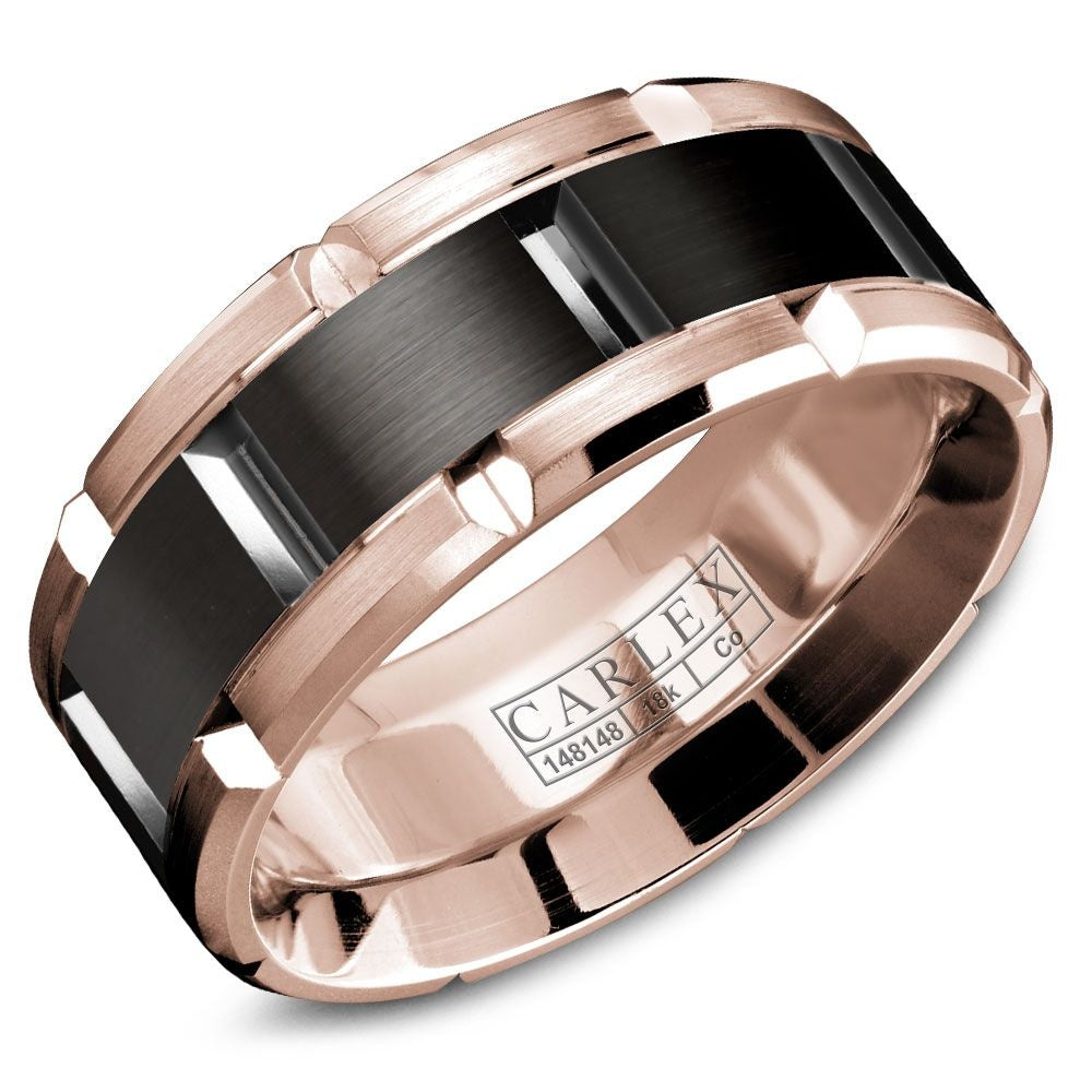 Carlex Men's Wedding Band - 18K Rose Gold and Black Cobalt with Sandpaper Finish and High Polish Bevel - 9mm Width from the Sport Collection