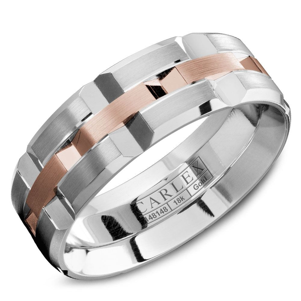 Carlex Men's Wedding Band - 18K Rose Gold and Cobalt with Sandpaper Finish and High Polish Bevel - 7.5mm Width from the Sport Collection