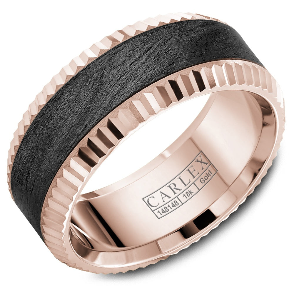 Carlex Men's Wedding Band - 18K Rose Gold & Forged Carbon Fiber with Coin Edge Rims - 9mm Width from the G3 Collection