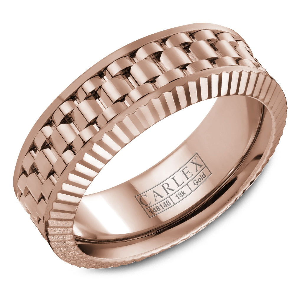 Carlex Men's Wedding Band - 18K Rose Gold Watch-Link with Fluted Edges - 8mm Width from the G3 Collection