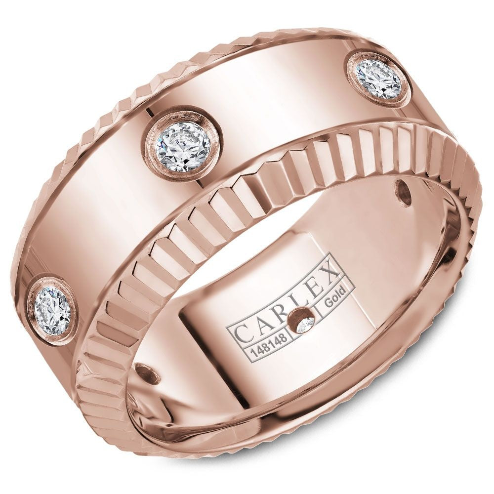 Carlex Men's Wedding Band - 18K Rose Gold with Bezel Set Round Diamonds and Fluted Edges- 0.48 Carat Total Diamond Weight - 9mm Width from the G3 Collection