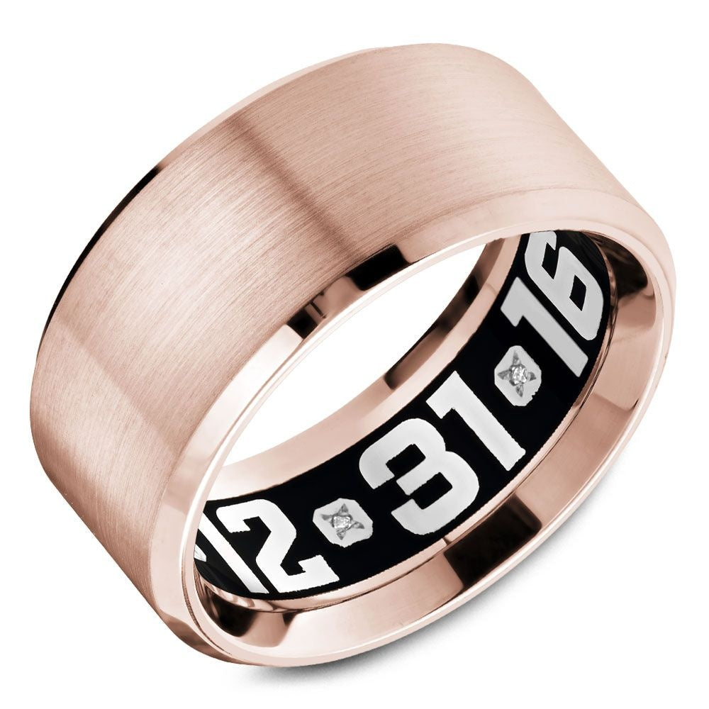 Carlex Men's Wedding Band - 18K Rose Gold with Black Enamel Calendar Design and Diamond Accents- Center Stone Sold Separately - 10.5mm Width from the G4 Collection