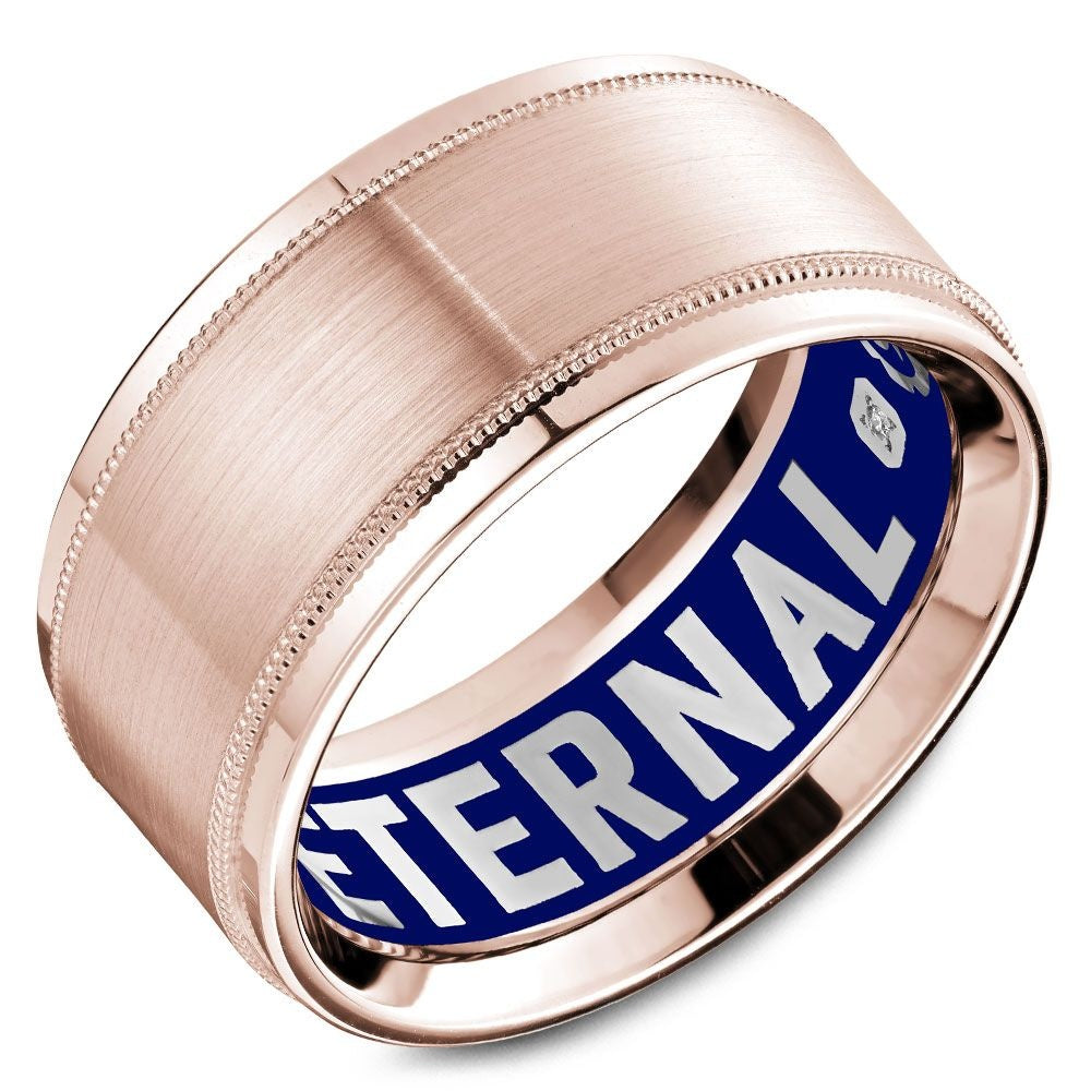 Carlex Men's Wedding Band - 18K Rose Gold with Blue Enamel ETERNAL Inscription and Diamond Accent - 10.5mm Width from the G4 Collection