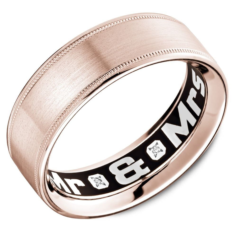 Carlex Men's Wedding Band - 18K Rose Gold with Brushed Center, Milgrain Edges, and Hidden Mr & Mrs Diamond Interior - 7mm Width from the G4 Collection