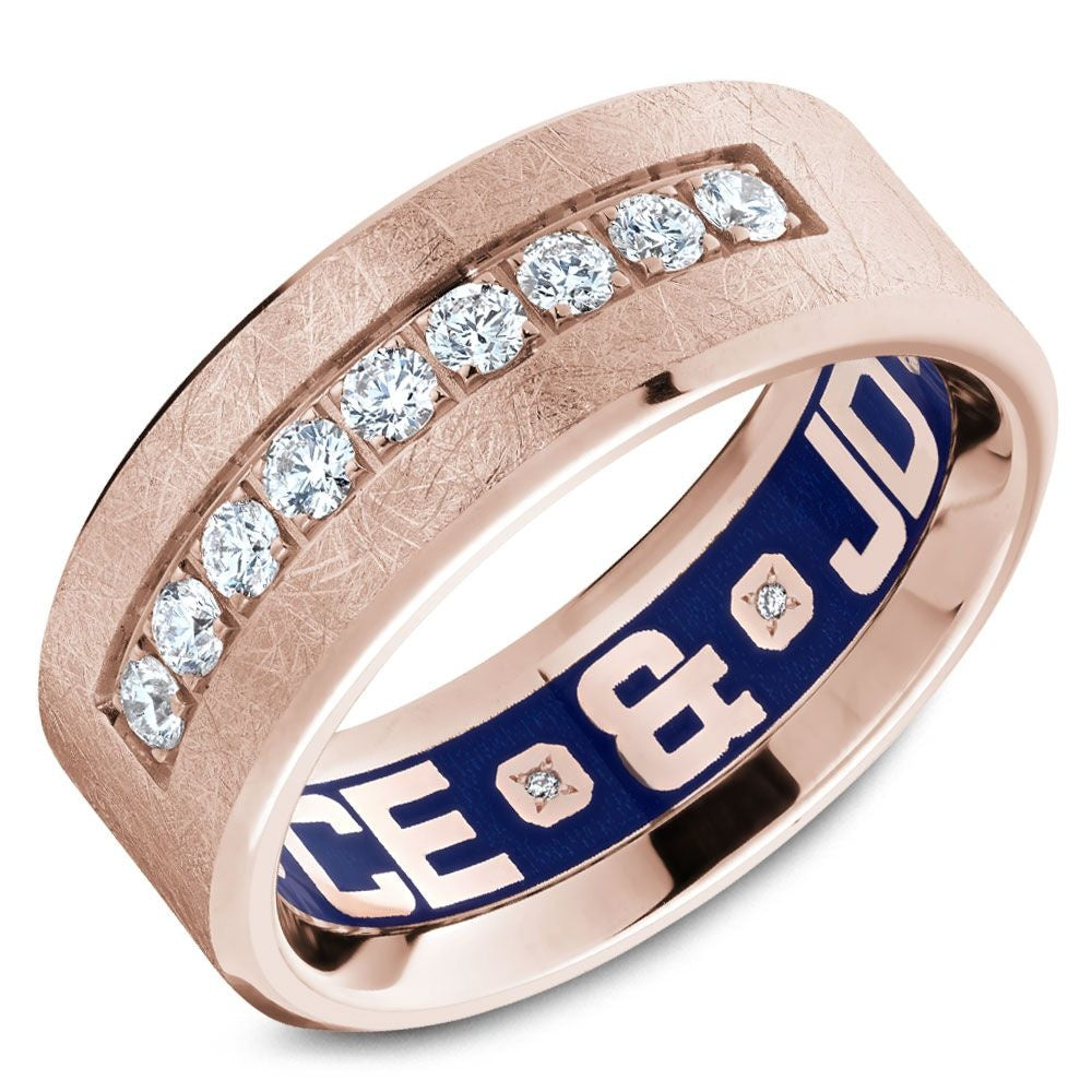Carlex Men's Wedding Band - 18K Rose Gold with Brushed Finish, Channel-Set Round Diamonds, and Blue Enamel Interior - 0.45 Carat Exterior Diamond Weight - 8.5mm Width from the G4 Collection