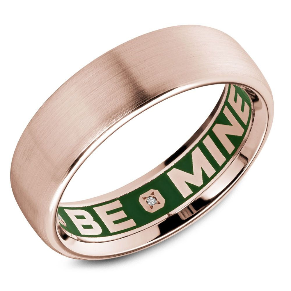 Carlex Men's Wedding Band - 18K Rose Gold with Brushed Sandpaper Finish and Hidden "BE MINE" Green Interior Diamond Accent - 6.5mm Width from the G4 Collection