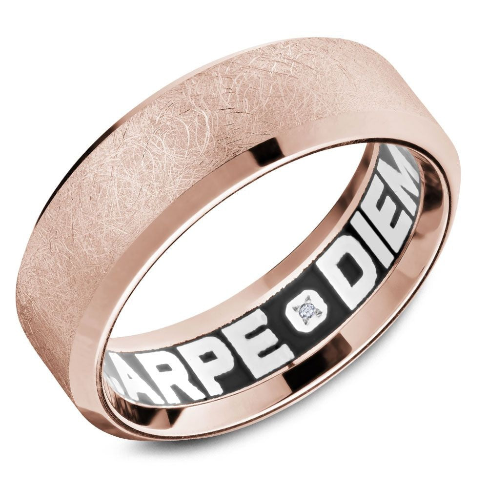 Carlex Men's Wedding Band - 18K Rose Gold with Brushed Top, Polished Edges, and Carpe Diem Diamond Inscription- Center Stone Sold Separately - 7.5mm Width from the G4 Collection