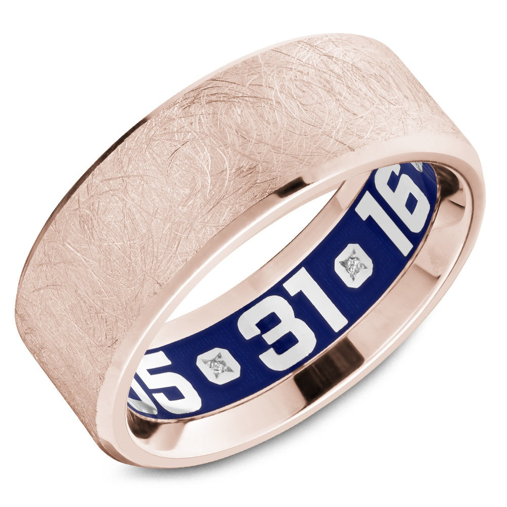 Carlex Men's Wedding Band - 18K Rose Gold with Diamond Brush Finish and Blue Interior Diamond Accents- Special Order - 8.5mm Width from the G4 Collection