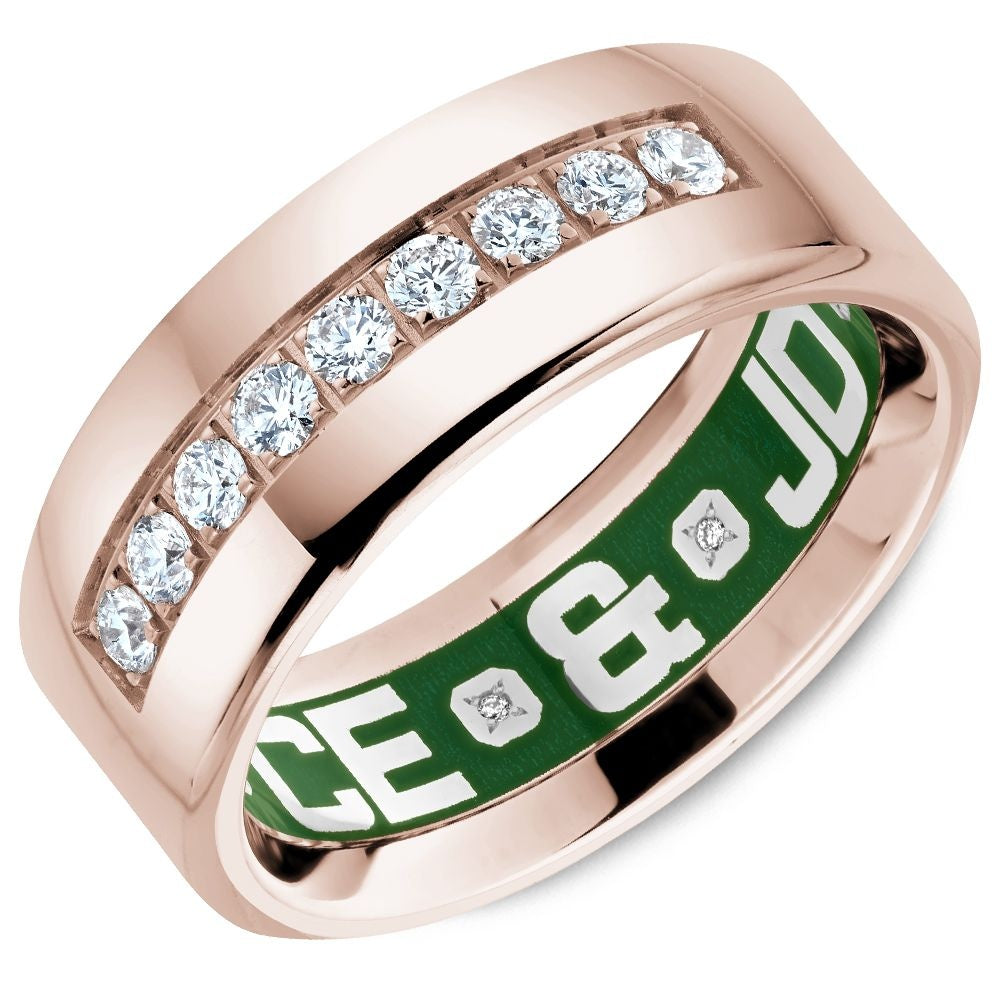Carlex Men's Wedding Band - 18K Rose Gold with Green Enamel Interior and 9 Round Channel-Set Diamonds - 0.45 Carat Total Diamond Weight - 8.5mm Width from the G4 Collection