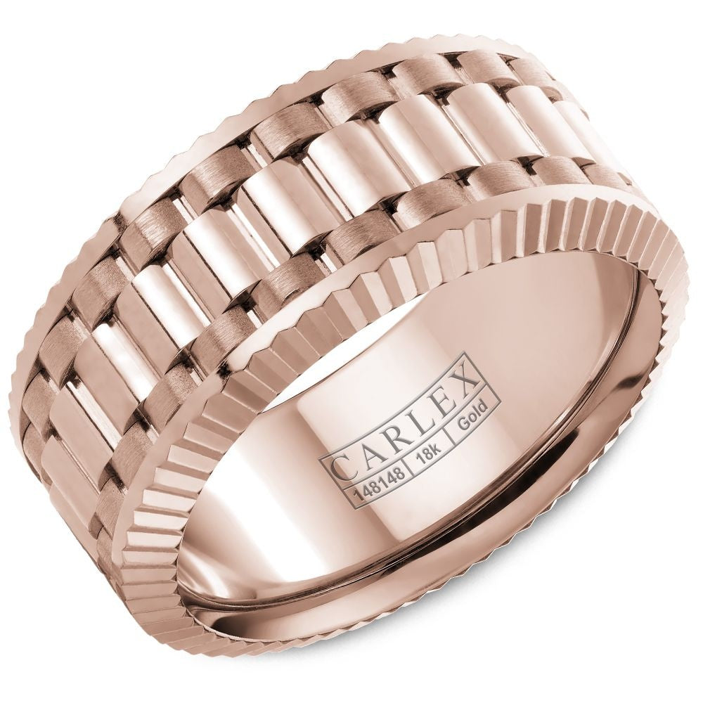 Carlex Men's Wedding Band - 18K Rose Gold with High Polish Center and Frosted Sides - 11mm Width from the G3 Collection